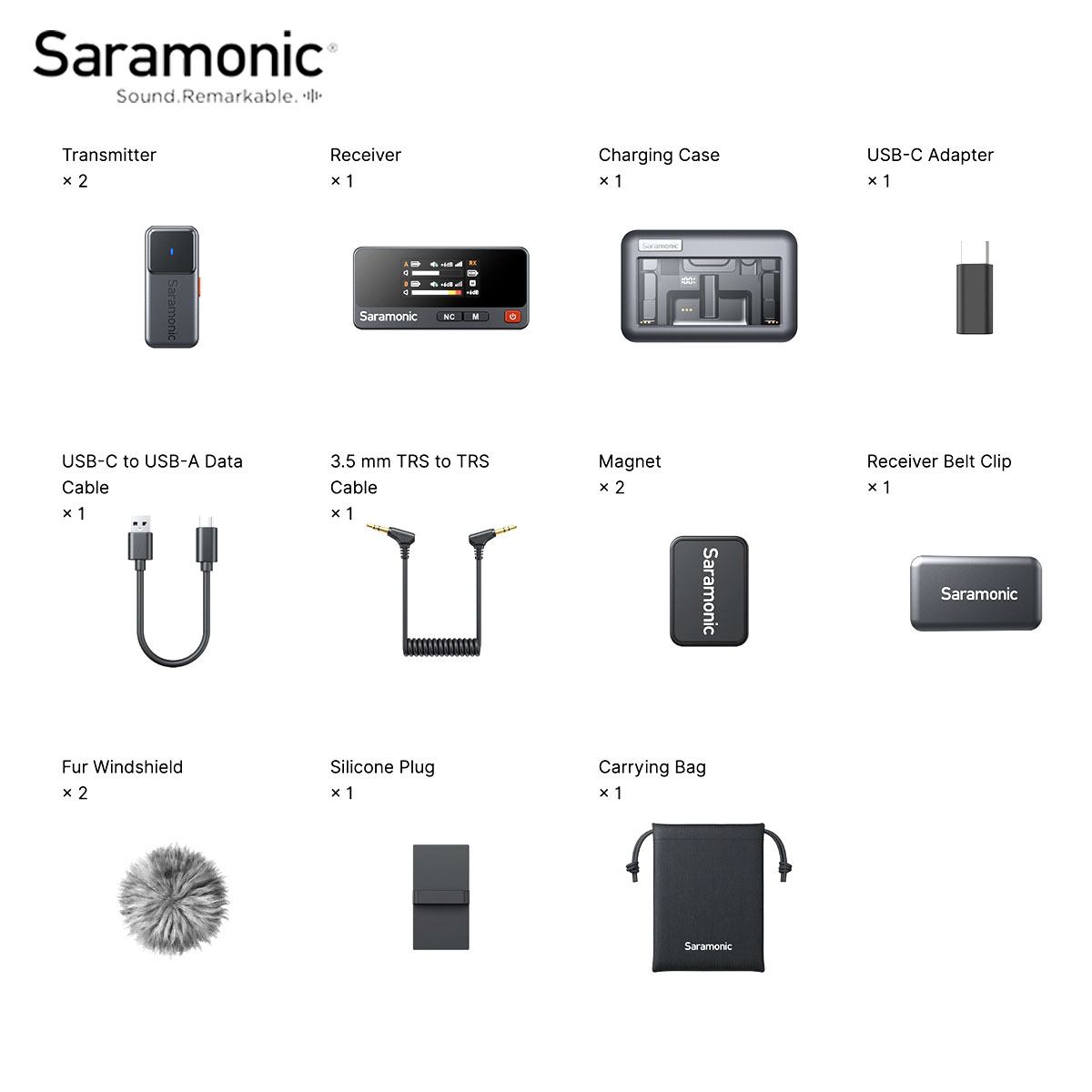 Comparación lado a lado del Saramonic Air en dos configuraciones: izquierda muestra transmisor con micrófono integrado visible enganchado en camisa azul, derecha muestra el mismo sistema con micrófono lavalier discreto de 9.7mm conectado mediante cable propietario, ambos en entorno de grabación profesional