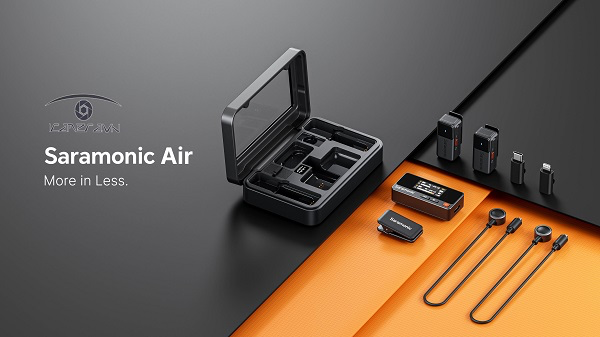 Sistema completo Saramonic Air mostrando dos transmisores compactos color gris galáctico de 11 gramos con LED indicador y botón multifunción, receptor con pantalla TFT a color de 1.05 pulgadas y dial de control de ganancia, estuche de carga metálico con tapa transparente y diseño retro-futurista, todo sobre superficie blanca